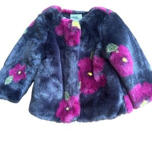 Genuine Kids Oshkosh Girls Faux Fur Jacket SZ 18 Months Blue Purple Flowers Fall